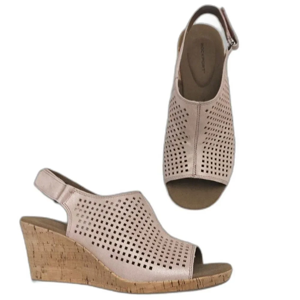 ROCKPORT Briah Perforated Slingback Cork Wedge Leather Sandal Pink Shimmer 9 NEW